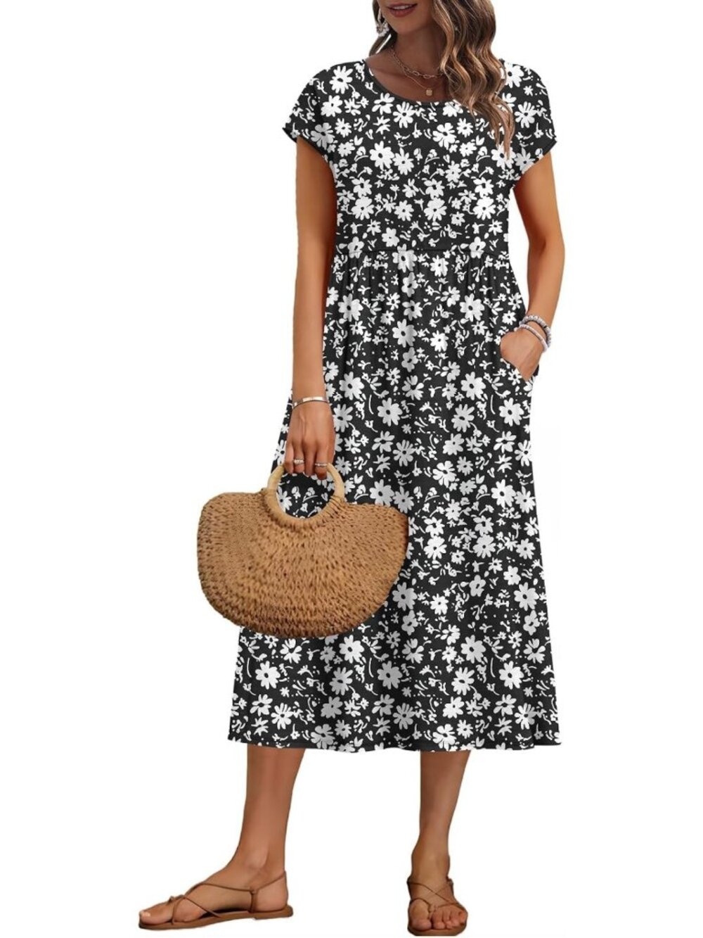 Summer Midi Dress for Women | Short Sleeve, Loose Fit, Pockets, Casual Chic